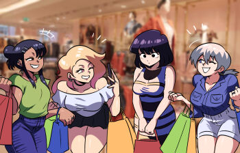  +++ 4girls ;d aged_up bag bare_arms bare_shoulders black_eyes black_hair black_skirt blonde_hair blue_eyes blue_pants blue_skirt blurry blurry_background breast_pocket breasts brown_eyes commentary crossover dress ear_piercing earclip english_commentary green_shirt grey_hair grin hair_between_eyes hair_ornament hairclip highres ijiranaide_nagatoro-san jewelry kitagawa_marin komi-san_wa_komyushou_desu komi_shouko large_breasts long_hair looking_at_another low_ponytail multiple_crossover multiple_girls nagatoro_hayase off-shoulder_shirt off_shoulder one_eye_closed open_mouth pants piercing pink_eyes pocket ponytail ring shirt short_hair shorts skirt smile sono_bisque_doll_wa_koi_wo_suru the_dress_(meme) tina_fate uzaki-chan_wa_asobitai! uzaki_hana wedding_ring white_shorts 