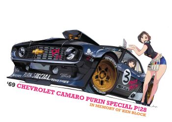  2girls black_eyes black_hair brown_eyes brown_hair car carina_(xiaowoo) commentary_request computer cutoff_jeans cutoffs high_heels highres laptop looking_at_viewer motor_vehicle multiple_girls original racing short_hair shorts sidelocks simple_background white_background 