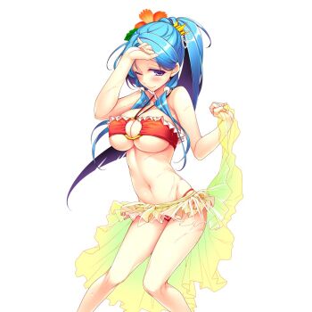  1girl bikini blue_eyes blue_hair breasts clothes_lift flower forehead giuniu gradient_sarong green_sarong hair_behind_ear hair_flower hair_ornament hibiscus high_ponytail large_breasts long_hair navel o-ring o-ring_top one_eye_closed parted_bangs ponytail red_bikini sarong sarong_lift see-through_clothes swimsuit uchi_no_hime-sama_ga_ichiban_kawaii vivienne_(uchihime) yellow_sarong 