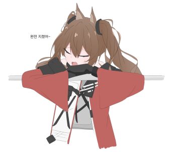  angelina_(arknights) animal_ear_fluff animal_ears arknights arknights:_endfield asky brown_hair closed_eyes coat commentary_request cropped_torso dot_nose dress flat_color fox_ears fox_girl gilberta_(arknights) grey_dress head_rest headpiece highres holding holding_staff korean_commentary korean_text open_mouth red_coat staff sweatdrop translation_request twintails yawning 