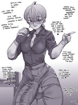  1girl black_bra blush bra bra_visible_through_clothes bright_pupils bulge drink english_text erection erection_under_clothes full-package_futanari futanari greyscale huge_penis huge_testicles monochrome original panzermeido penis pixie_cut short_hair testicles underwear white_background white_pupils 