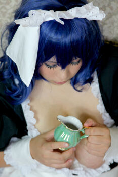 apron blue_hair breast_slip breasts chouzuki_maryou cosplay closed_eyes large_breasts maid maid_apron maid_headdress one_breast_out photo_(medium) plump seikon_no_qwaser thick_thighs thighhighs thighs yamanobe_tomo rating:Explicit score:7 user:H-Viruz