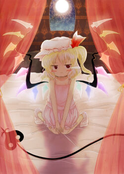  1girl absurdres bed blonde_hair bloomers blush commentary_request crystal_wings flandre_scarlet fleuriste frown full_moon hat highres laevatein_(touhou) mob_cap moon on_bed sitting sleepwear socks touhou underwear white_bloomers white_hat wings zun_(style) 