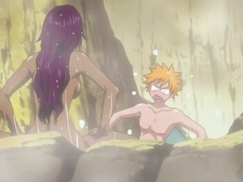  1boy 1girl 2005 animated back backboob bare_back bathing bleach blush breasts brown_eyes casual_nudity collarbone completely_nude dark-skinned_female dark_skin embarrassed facing_another facing_away flashing from_behind hair_down hands_on_own_legs highres kurosaki_ichigo long_hair looking_at_another medium_breasts nude on_ground onsen open_mouth orange_hair parted_bangs partially_submerged pierrot purple_hair rock shared_bathing shihouin_yoruichi shiny_skin short_hair sideboob sitting sitting_on_rock solo solo_focus sound sound_effects spiked_hair splashing spread_legs steam stomach teasing upper_body video water water_drop waterfall wet wet_hair yellow_eyes 