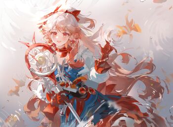  1girl :d absurdres amukeer arknights blush bow commentary earrings english_commentary fish gloves goldfish hair_bow haruka_(arknights) highres holding holding_staff jacket jewelry long_hair long_sleeves looking_at_viewer mixed-language_commentary mole mole_on_cheek open_mouth orange_eyes orange_hair pink_hair red_bow red_eyes red_gloves ripples shirt smile solo staff very_long_hair white_jacket 