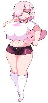  breasts commentary commission constellation_print dolphin_shorts english_commentary gountro hair_ornament hairclip kneehighs large_breasts miaguwu midriff navel non-web_source one_eye_covered orange_eyes short_hair short_shorts shorts sleepy socks ufo vgen_commission virtual_youtuber white_background white_hair 