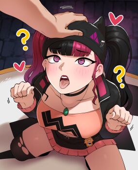  1girl ? absurdres ah-lyong_lee animal_ears beanie black_hair black_headwear black_jacket cat_ears crop_top defeat grizzbolt hand_on_another's_head hat heart heart-shaped_pupils highres jacket jewelry mind_control miniskirt multicolored_hair open_clothes open_jacket open_mouth palworld paw_pose pendant pink_eyes pink_hair pov pov_hands ringed_eyes skirt squatting symbol-shaped_pupils thighhighs tongue tongue_out torn_clothes torn_thighhighs twintails two-tone_hair zoe_rayne  rating:Sensitive score:282 user:danbooru