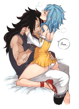  1boy 1girl arm_piercing arms_around_another's_neck ass back_tattoo bed bed_sheet between_breasts black_hair black_shirt blue_hair blush breast_sucking breasts brown_gloves closed_eyes commentary detached_sleeves dress english_commentary english_text eyebrow_piercing face_between_breasts face_piercing fairy_tail fairy_tail_logo fingerless_gloves fingernails frilled_dress frills gajeel_redfox gloves grabbing_another's_breast groping hand_on_another's_ass head_between_breasts heavy_breathing hug levy_mcgarden long_hair long_sleeves medium_hair messy_hair moaning open_mouth panties pants parted_lips piercing red_footwear rusky scar scar_on_arm shirt sidelocks simple_background sitting sleeveless small_breasts speech_bubble tattoo underwear white_background white_panties white_pants yellow_dress  rating:Questionable score:29 user:danbooru