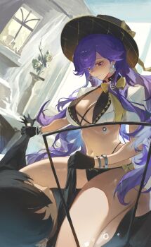  1boy 1girl absurdres bikini black_bikini black_gloves black_hair black_hat bow bow_bikini breasts earrings gloves hat highres jewelry large_breasts liudaohai6001 long_hair looking_at_another lucilla_(wuthering_waves) male_rover_(wuthering_waves) multicolored_bikini navel purple_hair rover_(wuthering_waves) shrug_(clothing) smile straddling swimsuit two-tone_bikini white_shrug window wuthering_waves yellow_bow 
