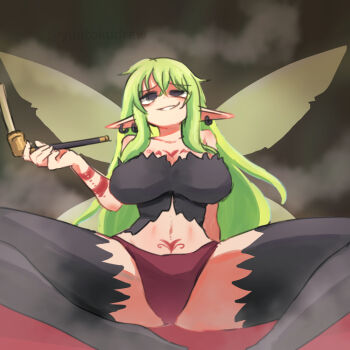  1girl aloe_(ishuzoku_reviewers) arm_tattoo black_eyes black_shirt black_thighhighs breasts chest_tattoo collarbone cropped_shirt ear_piercing fairy fairy_wings feet_out_of_frame female_focus from_below green_hair grin ishuzoku_reviewers large_breasts long_hair long_pointy_ears looking_afar no_pupils panties piercing pointy_ears purple_panties shirt sidelocks smile smoking smoking_pipe smug solo spread_legs stomach_tattoo strapless strapless_shirt tattoo teeth thighhighs underwear wings yuutokudraw 