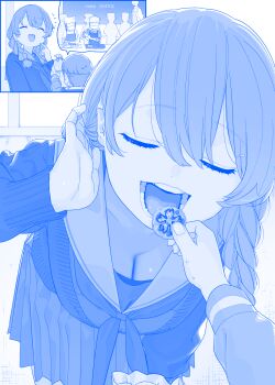  1boy 1girl :d ^_^ bent_over blue_theme braid breasts cardigan cleavage closed_eyes commentary_request cookie food getsuyoubi_no_tawawa hair_between_eyes highres himura_kiseki large_breasts long_sleeves monochrome neckerchief open_mouth sailor_collar school_uniform serafuku smile teeth tonari-chan_(tawawa) twin_braids 