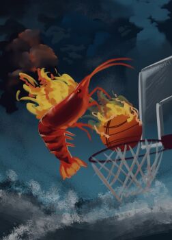 animal_focus ball basketball basketball_(object) basketball_hoop cloud cloudy_sky highres meme no_humans original outdoors painterly shrimp sky slam_dunk_(basketball) storm waves yu_shiro_ki 