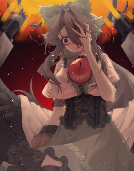  1girl arm_cannon black_cape black_hair black_wings blood blood_on_face bow breasts cape commentary_request frilled_skirt frills green_bow green_skirt hair_bow hair_intakes hand_over_eye highres large_breasts long_hair oku_(ewfy25) red_eyes reiuji_utsuho short_sleeves skirt solo third_eye touhou weapon wings 