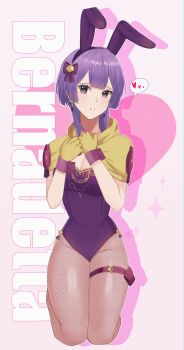  1girl absurdres alternate_costume animal_ears bernadetta_von_varley bernadetta_von_varley_(timeskip) blush bow breasts capelet cleavage commentary earrings english_commentary fake_animal_ears fire_emblem fire_emblem:_three_houses fishnet_pantyhose fishnets gloves hair_bow hairband hands_up heart highres jewelry large_breasts leotard lilshironeko looking_at_viewer medium_breasts nintendo pantyhose parted_lips playboy_bunny pouch purple_hair purple_hairband purple_leotard rabbit_ears short_hair solo speech_bubble spoken_heart thigh_pouch thigh_strap thighs yellow_capelet yellow_gloves 