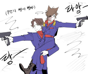  2boys aiming animification antenna_hair bandaged_neck bandages black_boots blue_coat boots brown_hair burn_scar carrying child_carry coat commentary_request curtained_hair drawstring eddsworld eko_endure epaulettes expressionless eyepatch grey_eyes gun hair_ears handgun holding holding_gun holding_weapon hood hood_down hoodie korean_commentary korean_text long_coat long_sleeves male_focus military_coat military_uniform multiple_boys name_tag patryck_(eddsworld) protected_link red_hoodie red_leader_(eddsworld) red_sweater scar short_hair simple_background sweater tord_(eddsworld) translation_request turtleneck weapon white_background yellow_eyes 