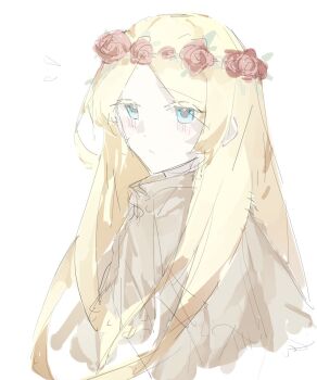  black_souls black_souls_2 blonde_hair blue_eyes brown_capelet capelet closed_mouth colored_eyelashes edith_liddell_(black_souls) flower flying_sweatdrops head_wreath highres light_blush long_hair looking_at_viewer mu_blood red_flower red_rose rose white_background 