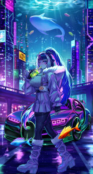 1girl absurdres animal_ears black_gloves black_hair black_pantyhose car cat_ears cup disposable_cup fingerless_gloves fish fur-trimmed_jacket fur_trim gloves highres holding holding_cup indie_virtual_youtuber jacket long_hair looking_at_viewer motor_vehicle multicolored_hair pantyhose ponytail purple_eyes shirt shoes shylily shylily_(winter_tactical) skirt solo streaked_hair underwater_city very_long_hair virtual_youtuber whale white_shirt white_shoes white_skirt white_streaks yjyj_2045 