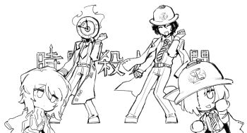  1boy 1other 2girls belt chinese_commentary chinese_text clock closed_eyes coat coat_on_shoulders collared_shirt commentary_request dancing dante_(limbus_company) dated_commentary faust_(project_moon) fire full_body greyscale hair_over_one_eye hands_up herbert_(project_moon) highres ivy_(675671) lapels limbus_company mai_(project_moon) monochrome multiple_girls necktie notched_lapels object_head open_mouth pants poppippoo_(vocaloid) project_moon shirt shoes short_hair smile sweat translation_request 