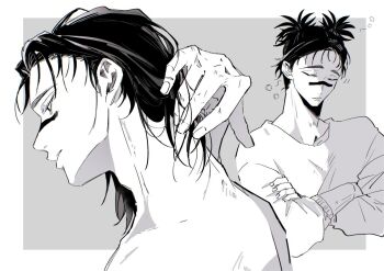  1boy adam's_apple arm_behind_head arm_up border choso_(jujutsu_kaisen) closed_eyes commentary_request crew_neck facial_mark greyscale hair_down jujutsu_kaisen long_sleeves looking_down male_focus monochrome multiple_views noni_(3dal2socks) outside_border parted_lips shirt sleeping squeans white_border 