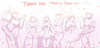  6+girls blake_belladonna creator_connection crossover gender_request halo_(game) haloid highres looking_at_viewer metroid monochrome monty_oum_(creator) multiple_girls nicole-458 nintendo ruby_rose rwby samus_aran smile tears unknown_creation_date weiss_schnee yang_xiao_long 