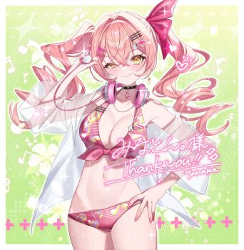  1girl bare_shoulders bikini black_choker breasts choker cleavage commission hair_ornament hair_ribbon hairclip hand_on_own_hip headphones headphones_around_neck highres indie_virtual_youtuber large_breasts long_hair long_sleeves minaton musical_note musical_note_print navel off_shoulder open_clothes open_shirt pink_bikini pink_hair pink_ribbon print_bikini ribbon see-through_clothes see-through_shirt shirt skeb_commission solo stethoscope swimsuit tatata_n3b7 twintails virtual_youtuber yellow_eyes 