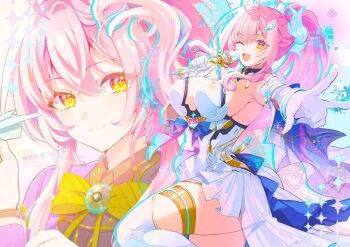  1girl ;d aemeath_(wuthering_waves) bare_shoulders breasts closed_mouth commentary elbow_gloves english_commentary glitch gloves hair_ornament highres holding holding_microphone holding_paper_airplane large_breasts leotard long_hair looking_at_viewer microphone multiple_views one_eye_closed open_mouth outstretched_arm paper_airplane pink_hair ponytail showgirl_skirt skirt smile thighs white_gloves white_leotard white_skirt wuthering_waves yellow_eyes yuyuhi_gm 