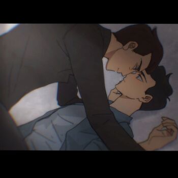  2boys anthony_stellar black_hair black_shirt brown_hair chromatic_aberration closed_mouth elijah_douchnov eye_contact face-to-face film_grain highres imminent_kiss jacket letterboxed long_sleeves looking_at_another male_focus multiple_boys my_student_spirit open_clothes shirt short_hair yaoi yy20251111 