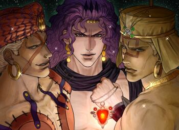  3boys absurdres battle_tendency blonde_hair earrings esidisi face_piercing facial_mark glint green_eyes grin hat highres holding holding_jewelry holding_necklace hoop_earrings horns jewelry jojo_no_kimyou_na_bouken kars_(jojo) lip_piercing lip_ring looking_at_viewer looking_back mechimun_jojo multiple_boys necklace nose_piercing nose_ring piercing portrait purple_eyes purple_hair red_stone_of_aja scarf short_hair sky smile star_(sky) starry_sky topless_male turban twitter_username wamuu wrist_cuffs 