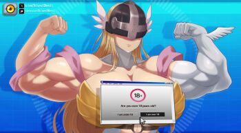  1girl abs absurdres alternate_body_size alternate_muscle_size angewomon bare_shoulders biceps blonde_hair breasts censored cleavage covered_eyes dclaret deviantart_logo deviantart_username digimon digimon_(creature) flexing gloves helmet helmet_over_eyes highres holographic_interface large_breasts long_hair muscular muscular_female open_mouth solo strong triceps tumblr_logo tumblr_username twitter_username twitter_x_logo winged_helmet wings 