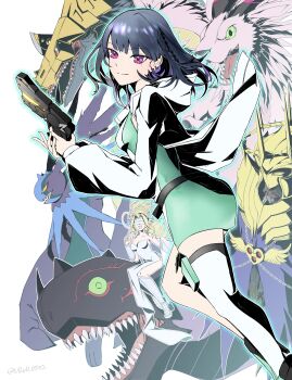 3girls armagemon blonde_hair cherubimon cherubimon_(vice) cosplay digimon digimon_(creature) dragon holydramon horns junomon junomon_hysteric_mode metalseadramon miniskirt multiple_girls skirt smile uruu_0502 venusmon