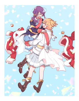  2girls :d ^_^ aiguillette ankle_boots back_bow badge bell belt belt_buckle black-framed_eyewear blonde_hair blue_background blue_jacket blue_skirt blush boots border bow brown_boots buckle cetacea_kw closed_eyes collared_shirt commentary_request confetti daiba_nana dot_nose epaulettes facing_another flipped_bangs full_body fur-trimmed_jacket fur_trim glasses green_ribbon grey_background grey_skirt hair_bell hair_ornament hair_ribbon hand_on_another's_hip hands_on_another's_shoulders highres hoshimi_junna hug_carry jacket lapels lifting_person long_hair long_sleeves low_side_ponytail miniskirt multicolored_jacket multiple_girls notched_lapels open_mouth pleated_skirt purple_hair red_jacket red_sash ribbon sash shirt short_hair shoujo_kageki_revue_starlight shoulder_sash sidelocks sideways_mouth single_horizontal_stripe skirt smile star_(symbol) striped_clothes striped_skirt tassel two_side_up unworn_jacket waist_cape white_border white_jacket white_shirt yellow_belt yellow_trim yuri 