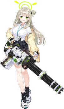 1girl 9ml ammunition_belt black_bow black_gloves black_skirt black_socks blonde_hair blue_archive blush bow breasts buttons cardigan cross-laced_shoes dirty dirty_clothes dirty_face female_focus fingerless_gloves full_body game_asset gatling_gun gloves green_eyes green_halo gun hair_bow hair_rings half-closed_eyes halo happy heel_up holding holding_gun holding_weapon id_card lanyard large_breasts large_variant_set long_hair long_sleeves looking_at_viewer m134_minigun minigun miniskirt naughty_face nonomi_(blue_archive) off_shoulder official_art open_cardigan open_clothes open_mouth plaid_clothes plaid_skirt shirt_tucked_in shoes sidelocks simple_background single_hair_ring skirt sleeves_past_wrists smile sneakers socks solo standing swept_bangs tachi-e third-party_source torn_cardigan transparent_background two-handed v-shaped_eyebrows variant_set weapon white_shoes yellow_cardigan
