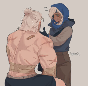 1boy 1girl absurdres akairosu ana_(overwatch) back bandaid_on_back black_gloves black_shorts braid brown_pants eyepatch gloves grey_background grey_hair grimace hair_bun highres hood hood_up muscular muscular_male old old_man old_woman overwatch pants reinhardt_(overwatch) scar scar_on_arm scar_on_back short_hair shorts signature simple_background sweatdrop tsking