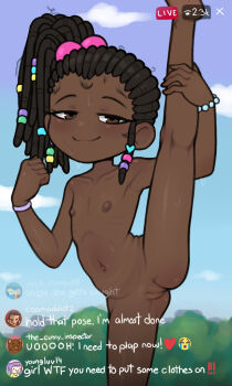 1girl age_difference armpits black_hair blush body_blush bracelet brown_eyes chat_log cleft_of_venus cloud collarbone completely_nude crying_emoji dark-skinned_female dark_areolae dark_nipples dark_skin day dreadlocks emoji english_text fake_screenshot fat_mons feet_out_of_frame female_focus flat_chest gluteal_fold hair_bobbles hair_ornament hair_rings half-closed_eyes hand_on_own_leg heart heart_hair_ornament highres jewelry jitome kneepits leg_lift leg_up legs livestream loli looking_at_viewer medium_hair meme mesugaki navel nipples nude original outdoors pearl_bracelet pedobear pedophile plant ponytail profile_picture pussy skinny sky smile smug solo split spread_legs standing standing_on_one_leg standing_split stomach sweat thighs uohhhhhhhhh!_(meme) very_dark_skin visible_ribs yep_melon rating:Explicit score:1132 user:SassyLoliCorrector