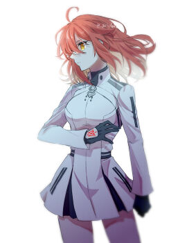  1girl ahoge arm_at_side arm_under_breasts black_gloves breasts clothing_request command_spell commentary_request cowboy_shot fate/grand_order fate_(series) from_side fujimaru_ritsuka_(female) fujimaru_ritsuka_(female)_(decisive_battle_chaldea_uniform) gloves hair_between_eyes highres jacket looking_to_the_side medium_breasts medium_hair orange_hair shino-o simple_background solo twitter_username white_background white_jacket wind wind_lift yellow_eyes 