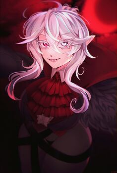  1girl absurdres ahoge blue_eyes breasts commentary fang general_geega general_geega_(inquisitor) grey_hair grey_jacket grey_pants hair_bun heterochromia highres jacket large_breasts looking_at_viewer pants pointy_ears red_background red_eyes sidelocks sitraell smile virtual_youtuber vshojo 