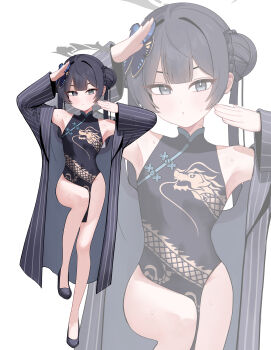  1girl absurdres armpits black_dress black_hair blue_archive braid breasts bright_pupils butterfly_hair_ornament china_dress chinese_clothes coat commentary_request cowboy_shot double_bun dragon_print dress full_body grey_coat grey_eyes grey_halo hair_bun hair_ornament halo highres kisaki_(blue_archive) legs long_hair looking_at_viewer sleeveless small_breasts solo tangsuyook twintails white_background white_pupils 