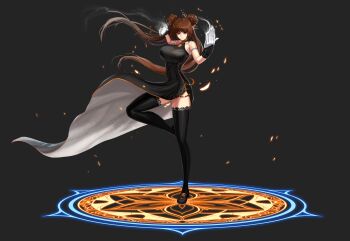  1girl absurdres armband armpits arms_up black_background black_dress black_shoes black_thighhighs braid breasts brown_hair china_dress chinese_clothes closed_mouth collarbone commentary covered_navel double_bun dress dungeon_and_fighter expressionless female_fighter_(dungeon_and_fighter) female_nen_master_(dungeon_and_fighter) full_body gem gloves gold_trim green_gem hair_bun hair_ornament hair_stick hair_tie halter_dress halterneck highres jewelry korean_commentary large_breasts long_hair looking_at_viewer magic_circle outstretched_hand red_eyes semicolon9991 shoes side_slit skin_tight sleeveless sleeveless_dress standing standing_on_one_leg tassel thighhighs thighs twintails white_gloves 