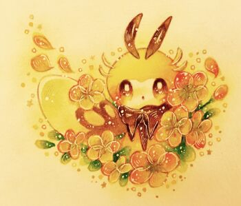  bright_pupils commentary_request flower gen_7_pokemon highres nintendo no_humans open_mouth orange_flower painting_(medium) pokemon pokemon_(creature) ribombee solo traditional_media watercolor_(medium) white_background white_pupils yukichi_0611 