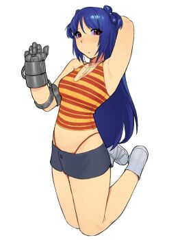  1girl arm_up blue_hair borrowed_character bow bow-shaped_hair chava_(knooooe) crop_top cyborg full_body hair_bow hand_up highres kneeling mechanical_hands microskirt original panties panty_straps red_eyes red_panties red_tank_top shoes single_mechanical_hand skirt solo striped_tank_top tank_top two_side_up underwear white_shoes yellow_tank_top yirtios 