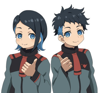  2girls black_hair blue_eyes blue_hair blush closed_mouth commentary_request dual_persona eyelashes gundam gundam_suisei_no_majo krnsn_9 long_sleeves multicolored_hair multiple_girls nika_nanaura official_alternate_hair_length official_alternate_hairstyle short_hair simple_background smile split_mouth thumbs_up two-tone_hair upper_body very_short_hair white_background 