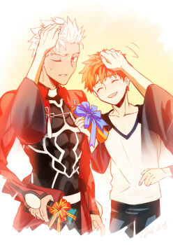  2boys archer_(fate) dark_skin dark-skinned_male disembodied_hand emiya_kiritsugu emiya_shirou fate/stay_night fate_(series) gift ruffling_hair multiple_boys orange_hair headpat sunday31 white_hair 