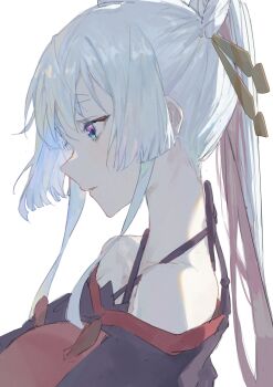  1girl absurdres bare_shoulders blue_eyes cho_kaguya-hime! commentary from_side grey_hair hair_ornament hair_rings hair_stick highres japanese_clothes kimono long_hair parted_lips profile runami_yachiyo sidelocks simple_background solo twintails upper_body white_background widle_(uidoru) 