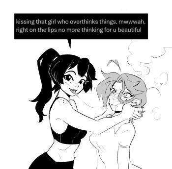  2girls :s actiranger_pink actiranger_yellow after_kiss ahoge black_eyes black_hair black_shorts black_sports_bra blush breasts commentary dazed double-parted_bangs english_commentary freckles full-face_blush grabbing_another's_head grey_eyes grey_hair greyscale grin hair_between_eyes hands_on_another's_cheeks hands_on_another's_face head_steam high_ponytail highres large_breasts long_hair looking_at_viewer loose_hair_strand messy_hair midriff mole mole_under_eye monochrome multiple_girls open_mouth original ponytail saliva saliva_trail screenshot_inset shirt short_hair shorts simple_background smile speech_bubble spicymancer sports_bra steam teeth tongue tongue_out upper_body upper_teeth_only white_background white_shirt yuri 