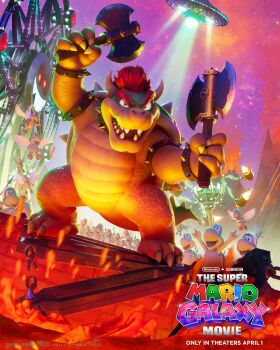  1boy bowser bracelet commentary company_name copyright_name dual_wielding english_commentary fewer_digits fire full_body highres holding holding_weapon horns jewelry koopa_paratroopa koopa_troopa lava mario_(series) movie_poster_(medium) multiple_others multiple_weapons nintendo no_humans official_art open_mouth red_hair sharp_teeth spiked_bracelet spiked_shell spikes teeth the_super_mario_galaxy_movie turtle_shell ufo weapon 