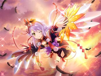  1girl black_feathers black_kimono breasts cleavage closed_mouth falling_feathers feathers game_cg hand_fan hat hauchiwa holding holding_fan japanese_clothes kimono long_hair looking_at_viewer official_art one_eye_closed otonashi_ichie outstretched_arms purple_hair shoujo_kageki_revue_starlight shoujo_kageki_revue_starlight_-re_live- smile solo sun tengu tokin_hat yellow_eyes 