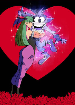 1girl bat_wings black_eyes boots breast_press breasts capcom closed_eyes constricted_pupils crash_bandicoot crossover demon_girl denim flower from_side green_hair happy heart highres hug jeans kissing_cheek large_breasts legs leotard long_hair morrigan_aensland open_mouth pants rolling_eyes rose sideboob smile teeth thick_thighs thighs thumbs_up tongue wide-eyed wings