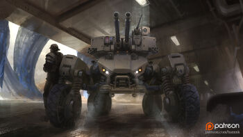  1boy armor armored_vehicle autocannon cannon commentary english_commentary gun hammk headlight_beam indoors machine_gun male_focus military_vehicle motor_vehicle original patreon_logo patreon_username power_armor science_fiction soldier tank_turret vehicle_focus weapon wheel 