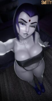  1girl 3d absurdres artist_name black_panties black_tube_top breasts colored_skin covered_erect_nipples curvy dc_comics facial_mark forehead_mark grey_skin highleg highleg_panties highres indoors large_breasts looking_at_viewer medium_hair one_eye_closed panties purple_eyes purple_hair purple_nails raven_(dc) smitty solo strapless thick_thighs thighs tube_top underwear wide_hips 
