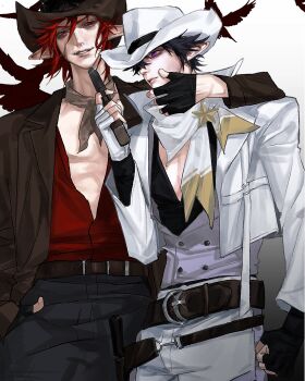  2boys absurdres alternate_costume aotu_world asymmetrical_gloves bags_under_eyes belt bird black_gloves black_hair black_pants black_shirt brown_belt brown_hat brown_jacket brown_scarf cigarette closed_mouth cowboy_hat cowboy_western facial_scar fingerless_gloves glint gloves grey_vest grin gun hand_on_another's_chin handgun hat highres holding holding_gun holding_weapon holster jacket looking_at_another male_focus multiple_boys open_clothes open_shirt pants pectorals pius_(aotu_world) pointy_ears purple_eyes ray_(aotu_world) red_eyes red_hair red_shirt revolver scar scar_on_cheek scar_on_face scarf sharp_teeth shirt short_hair smile teeth v-neck vest weapon white_gloves white_hat white_jacket white_pants white_scarf yaoi yigeniuren 